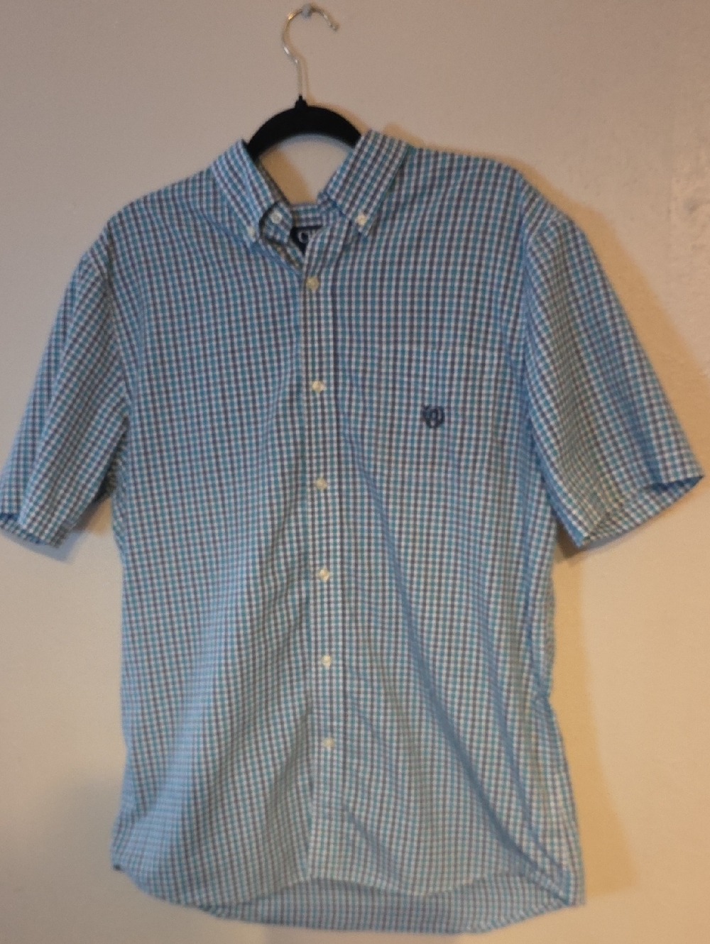 Chaps Blue and White Check Short-Sleeve Button-Down Shirt